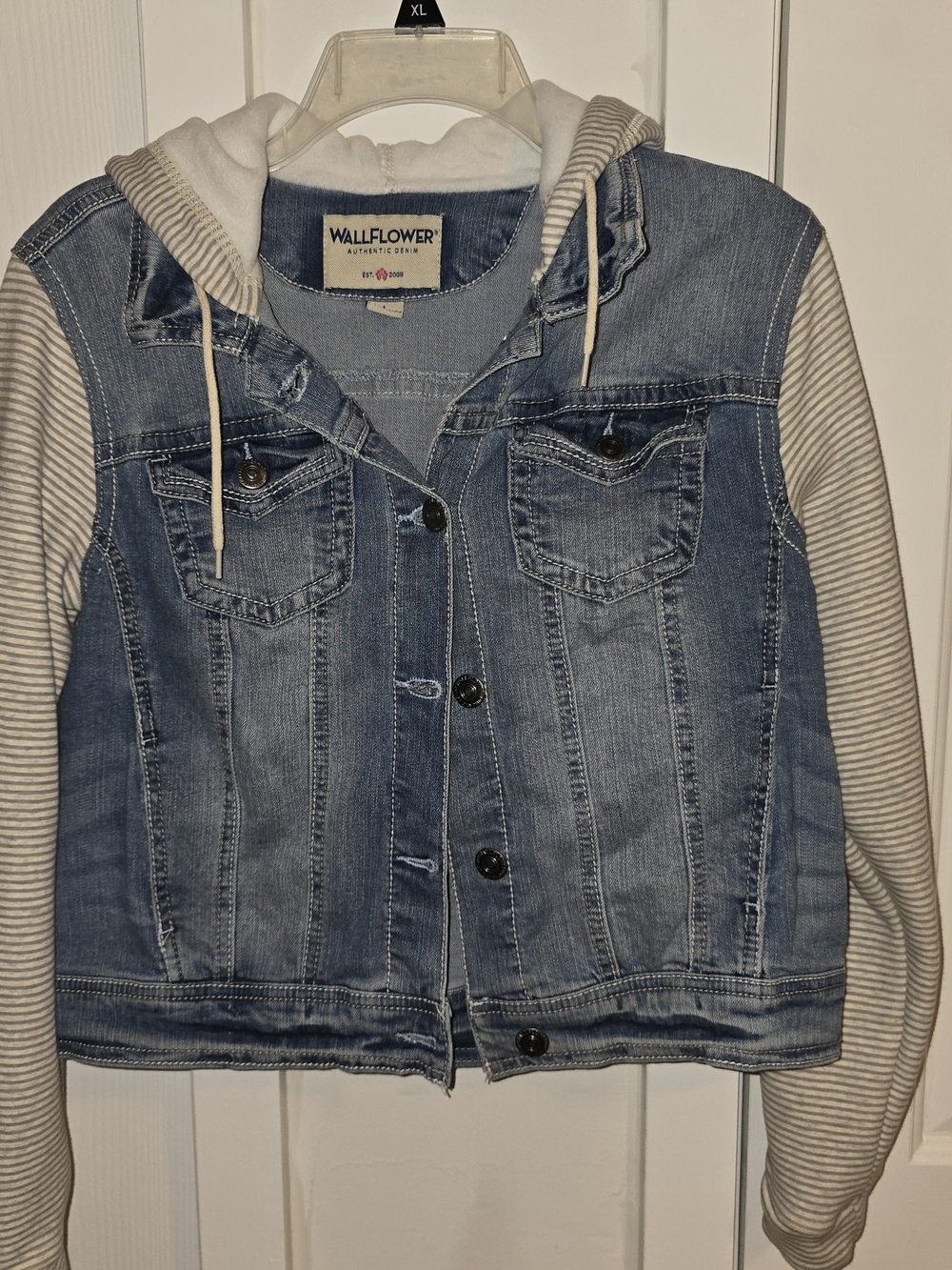 Wallflower Junior Light Blue Denim Jacket with Hooded Striped Sleeves